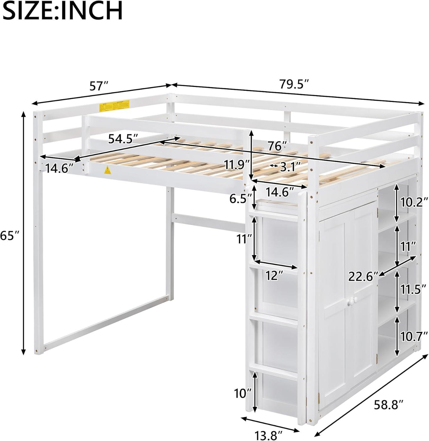 Harper & Bright Designs Full Size Loft Bed with Storage Shelves & Wardrobe, Wood Full Loft Bed Frame with LED Light for Kids Teens,Adults,Space Saving High Loft Bed,White