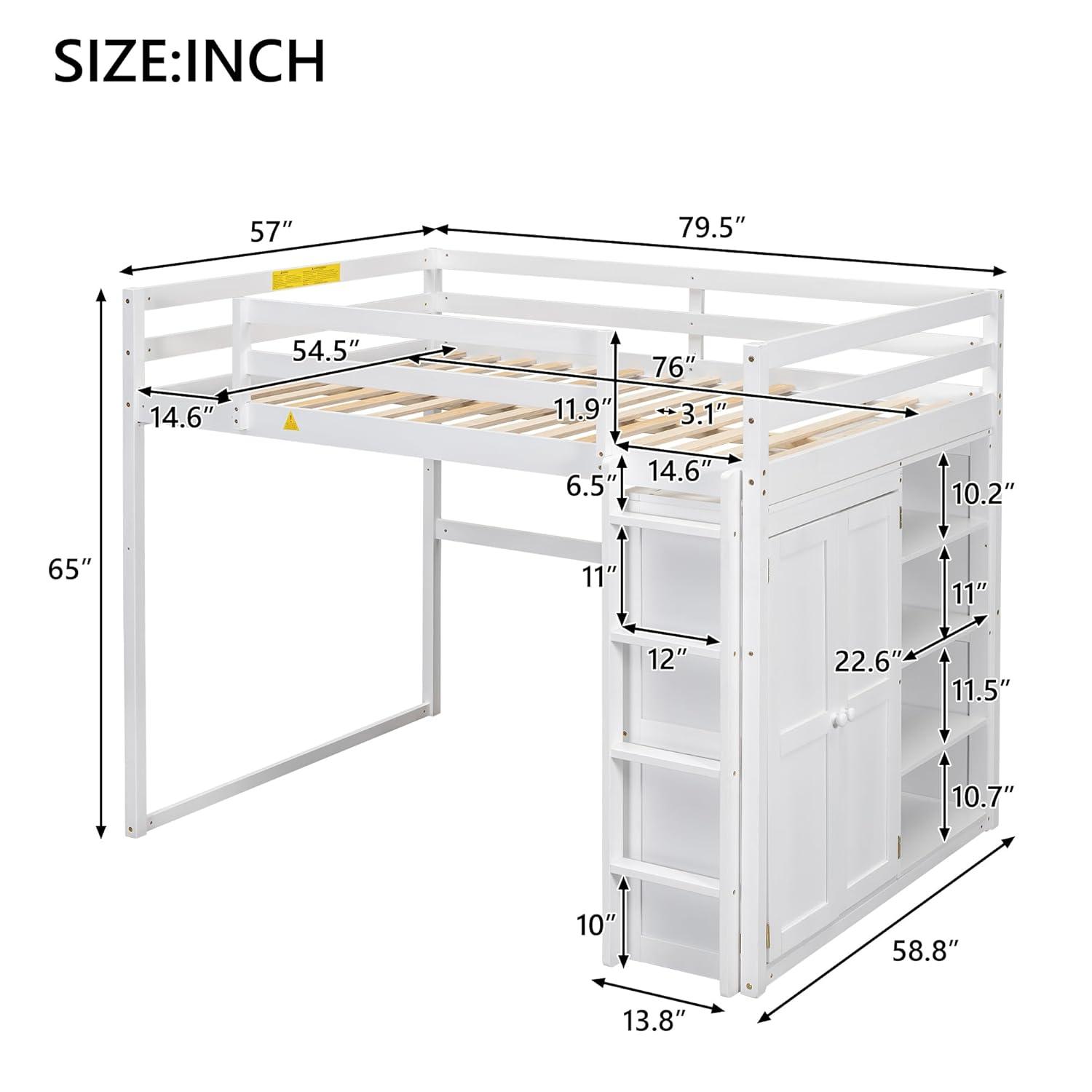 Harper & Bright Designs Full Size Loft Bed with Storage Shelves & Wardrobe, Wood Full Loft Bed Frame with LED Light for Kids Teens,Adults,Space Saving High Loft Bed,White