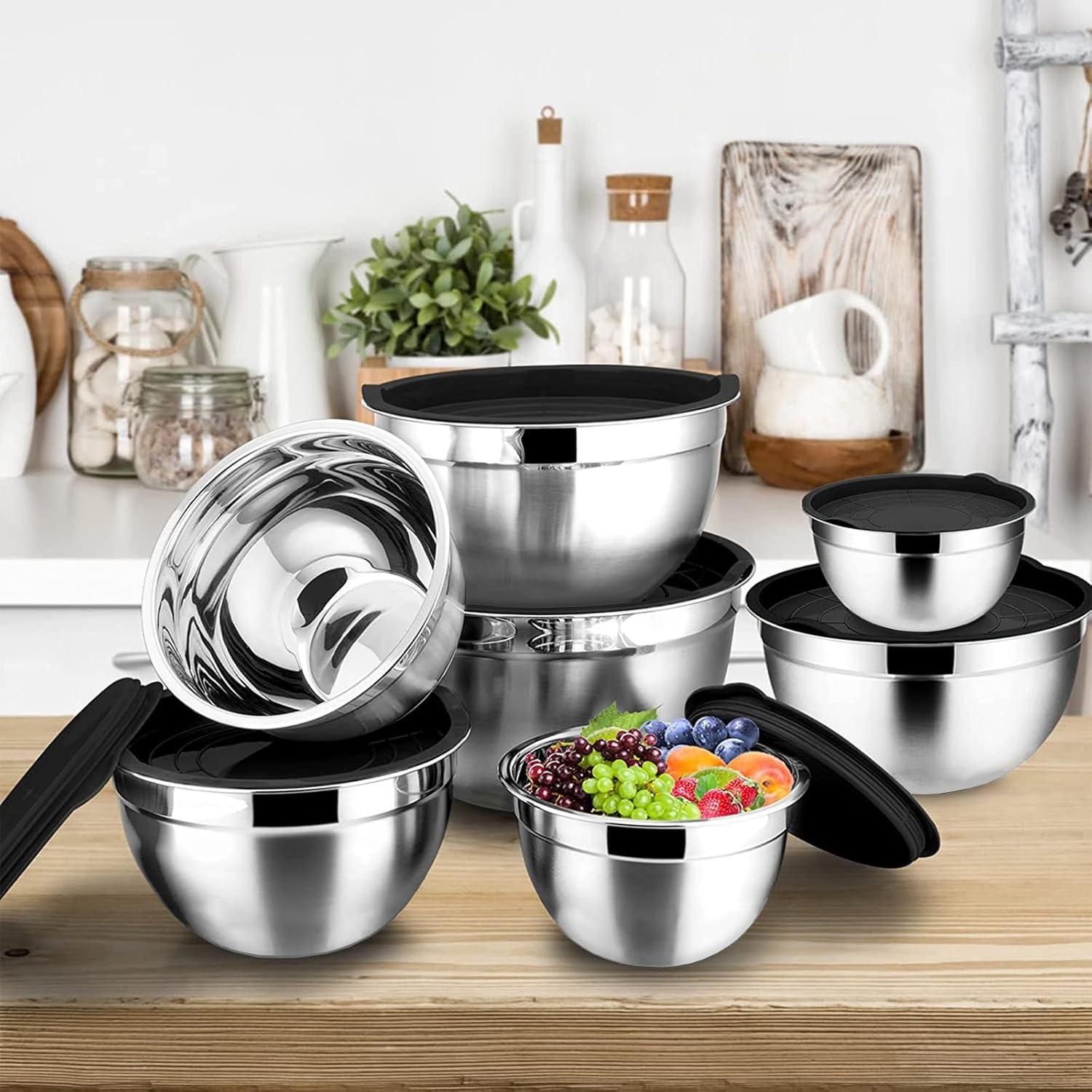 6-Piece Black Stainless Steel Mixing Bowl Set with Lids and Graters