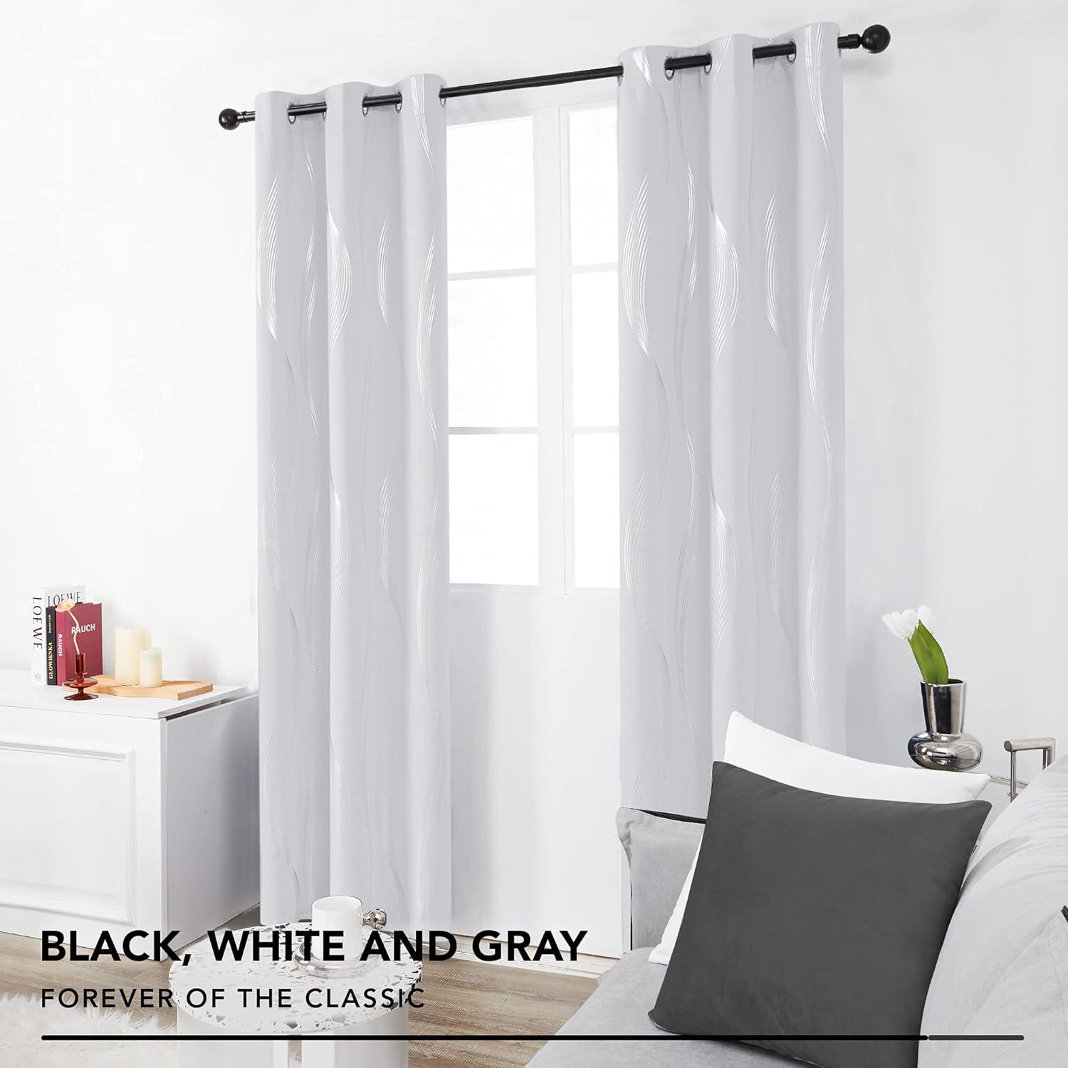 Deconovo Silver Wave Line Foil Printed Blackout Curtains Grommet Panels with 52x54 inch 1 Pair White