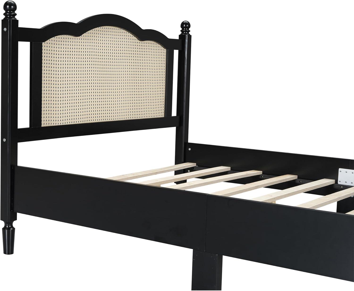 Wooden Platform Bed with Natural Rattan Headboard, Full Size Platform Bed with Wooden Slat Support, Vintage Rattan Bed Frame, No Box Spring Needed (Black,Full,233)