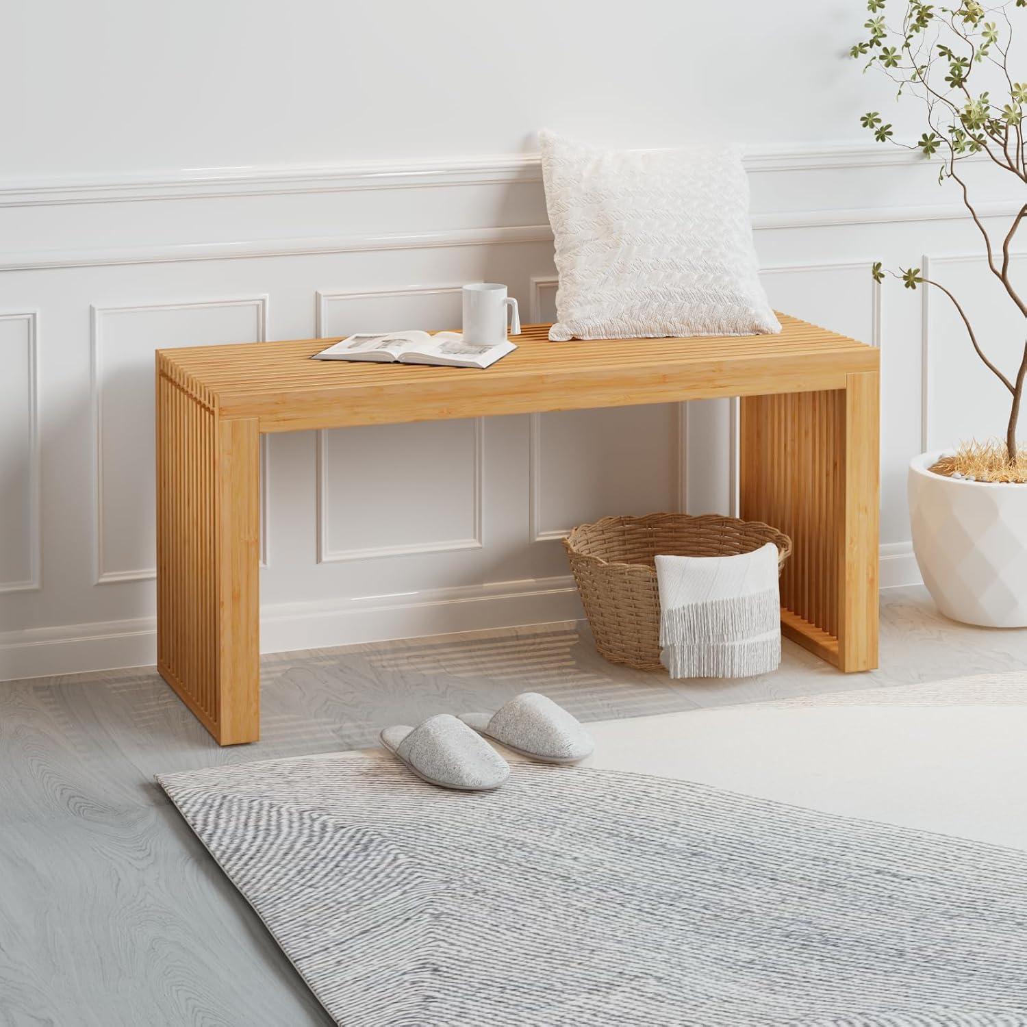 George Oliver Bamboo Dining Bench, 35 Inch Farmhouse Decor Indoor Kitchen Table Bench, Entryway Shoe Rack Bench, Outdoor Bench, Solid Bamboo Benches For Living Room, Hallway, Bedroom, Bathroom