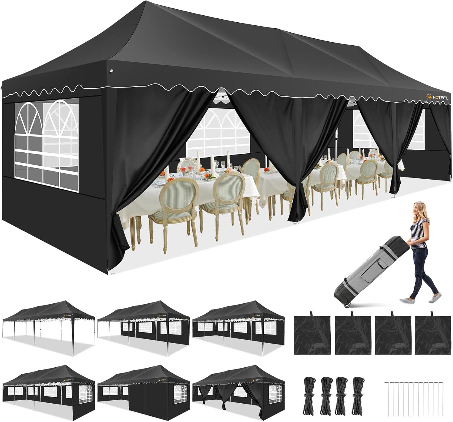 HOTEEL 10x30 Pop Up Canopy Tent with 8 Sidewalls,Heavy Duty Wedding Event Tents,Party Gazebo with Roller Bag,UPF 50+ Windproof Waterproof,Black