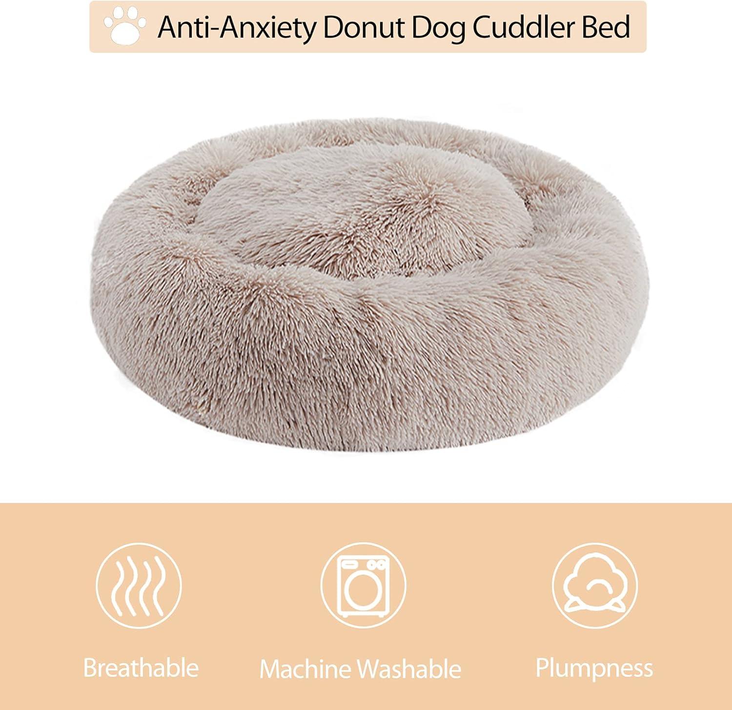 Calming Dog Bed Cat Bed Donut, Faux Fur Pet Bed Self-Warming Donut Cuddler, Comfortable Round Plush Dog Beds (20 X 20 X 8 Inch, Light Pink)
