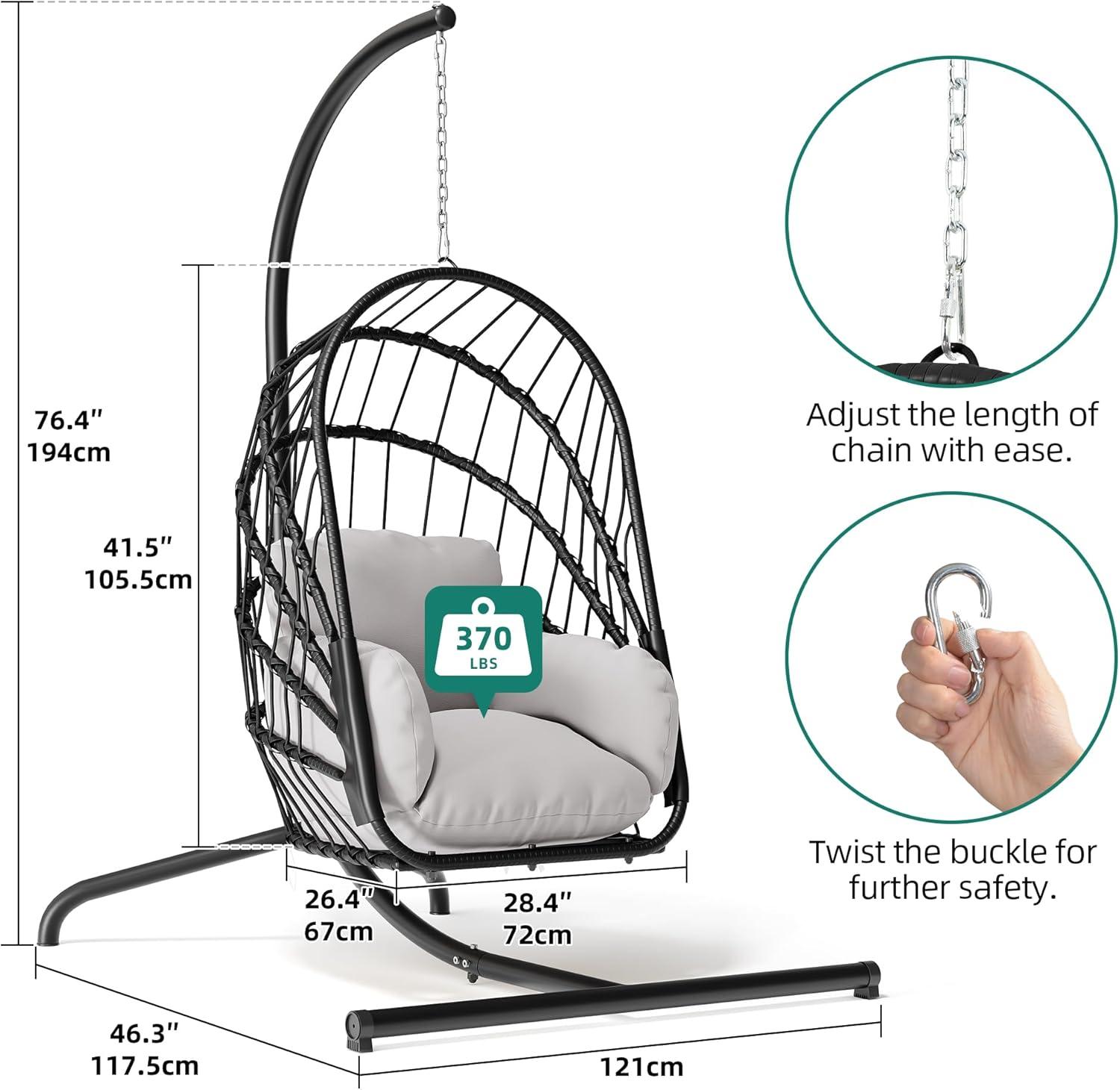 YITAHOME Hanging Egg Chair with Stand, Rattan Wicker Swing Egg Chair with Resistant Cushion, 370lbs Capacity, Foldable Hanging Basket Chair for Porch, Garden, Bedroom, Balcony - Grey