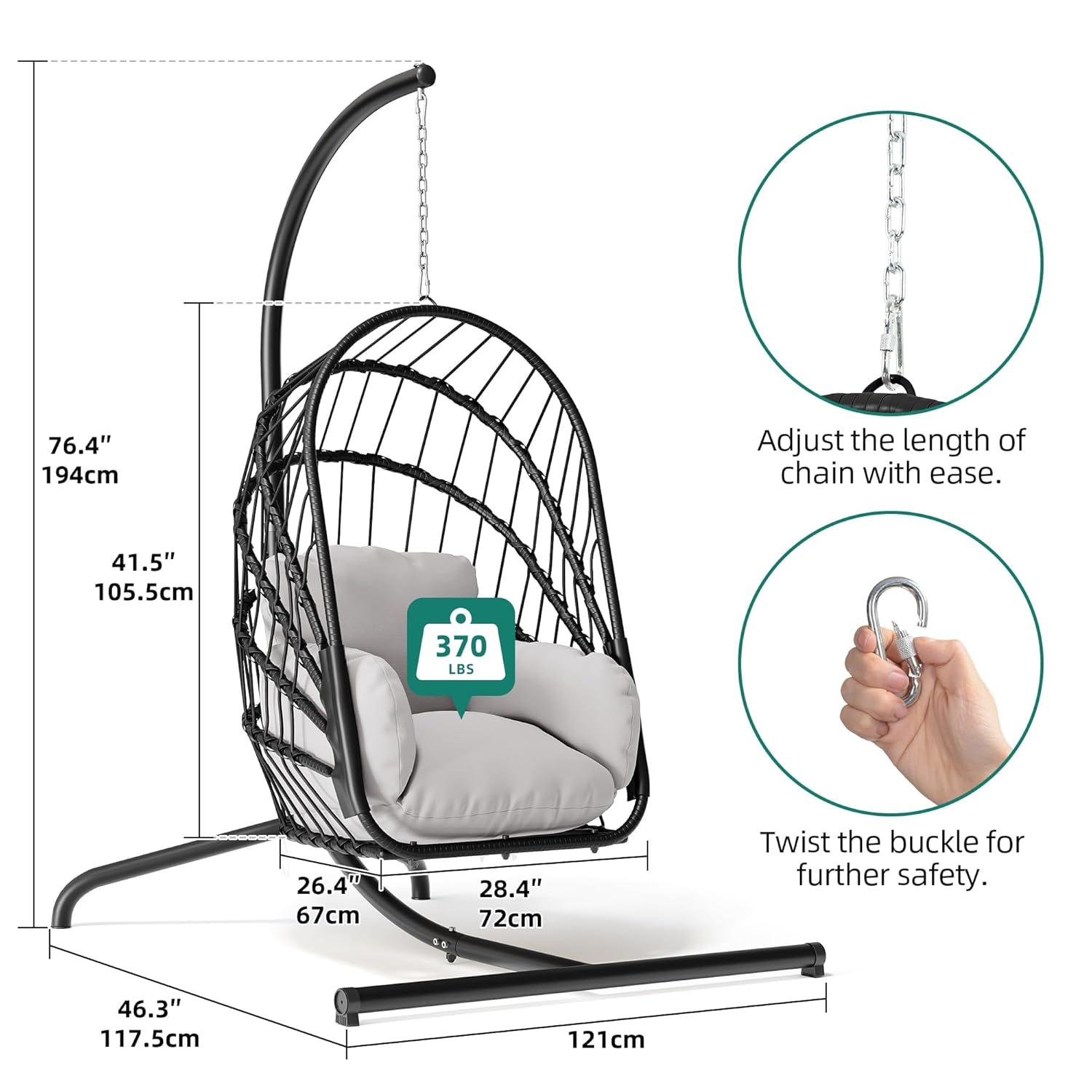 YITAHOME Hanging Egg Chair with Stand, Rattan Wicker Swing Egg Chair with Resistant Cushion, 370lbs Capacity, Foldable Hanging Basket Chair for Porch, Garden, Bedroom, Balcony - Grey