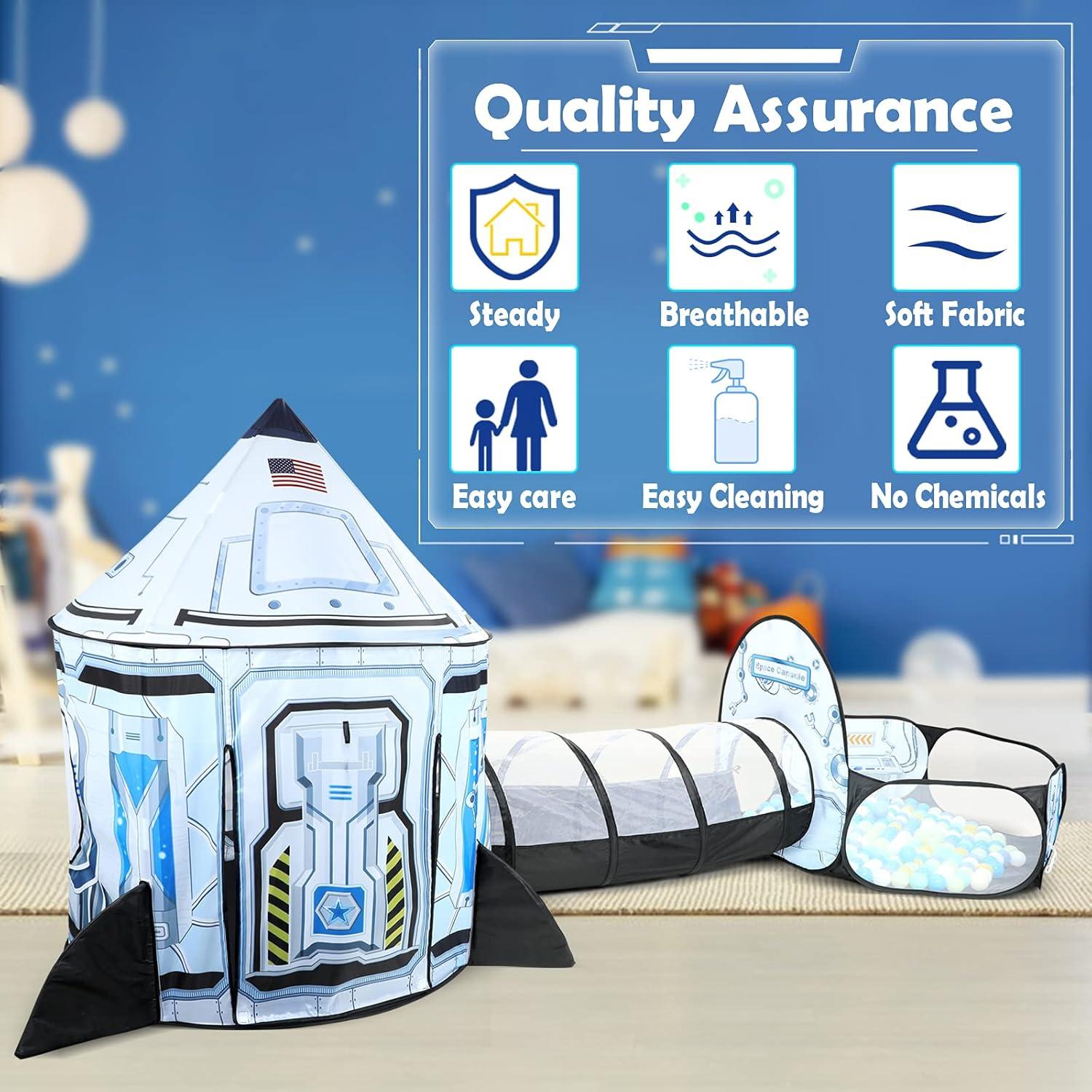 Rocket Ship Kids Play Tent: 3Pcs Toddlers Pop Up Ball Pit and Play Tunnel for Indoor Outdoor, Spaceship Baby Playhouse Toys for 1-3 Year Old Boys Girls (3 in 1 Kids Tent)