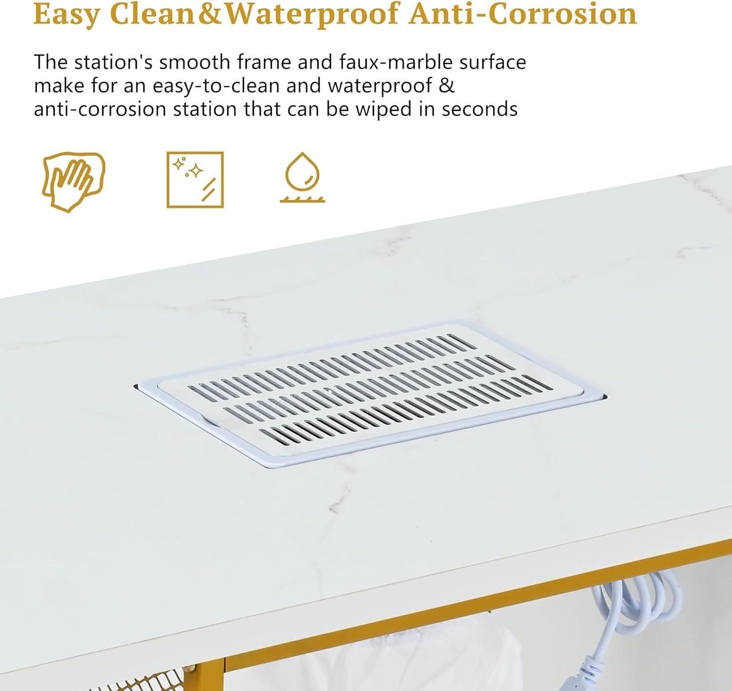 Manicure Table, Marbling Texture Nail Table with Electric Downdraft Vent, Wrist Cushion, Lockable Wheels, Storage Layers, Storage Cabinet Nail Station