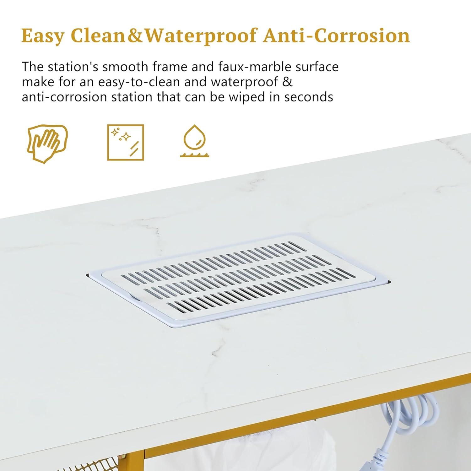 Manicure Table, Marbling Texture Nail Table with Electric Downdraft Vent, Wrist Cushion, Lockable Wheels, Storage Layers, Storage Cabinet Nail Station