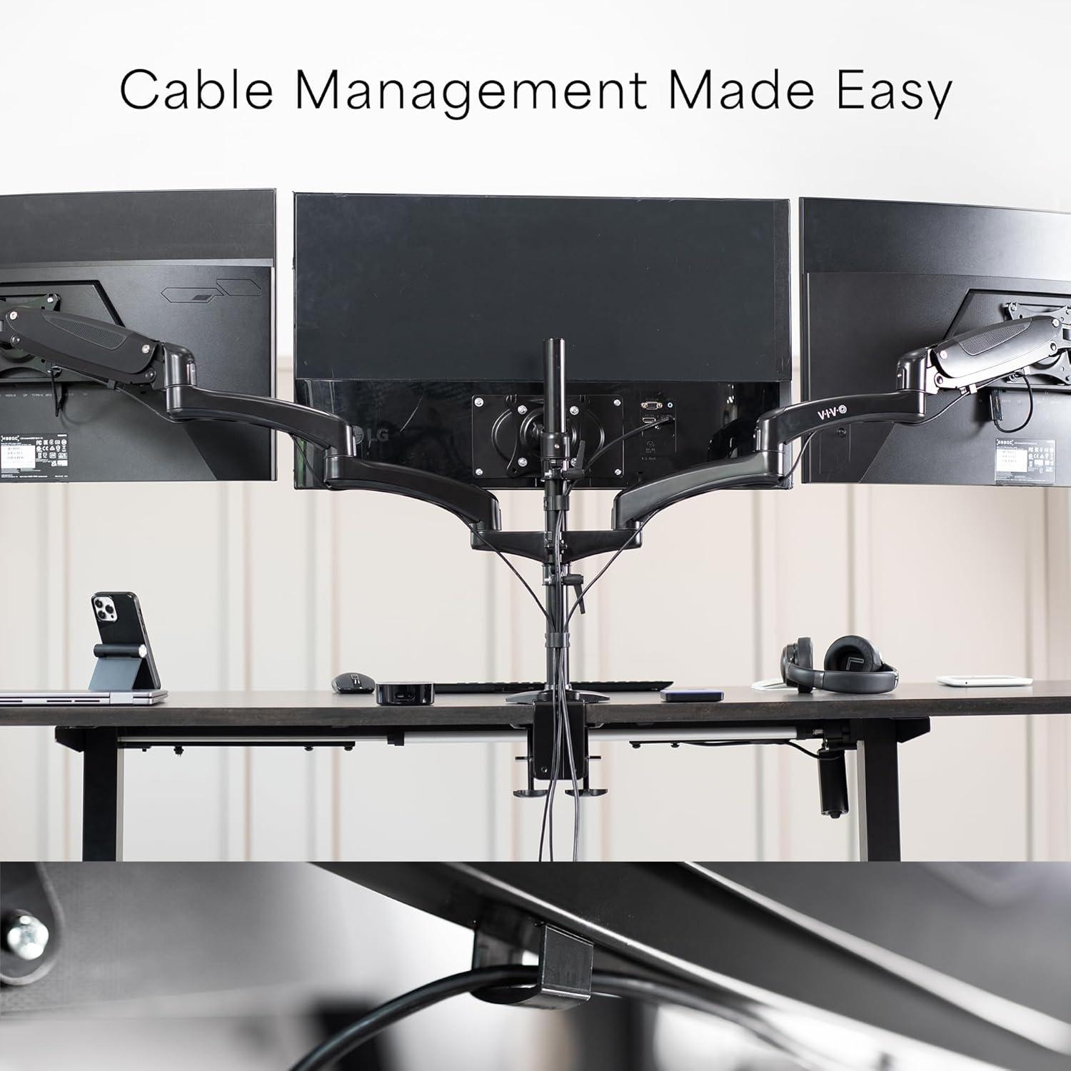 VIVO Black Triple Monitor Mount, 2 Pneumatic Arms + 1 Fixed, 3 Screens up to 32"