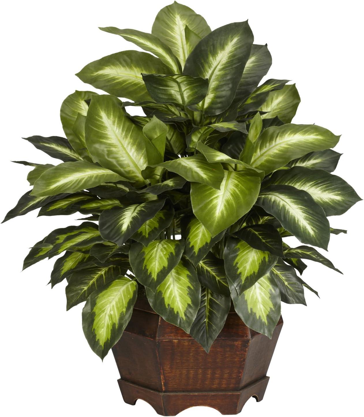 Nearly Natural 24" x 24" Artificial Golden Dieffenbachia Silk Plant in Wooden Pot : Faux Dieffenbachia Decor