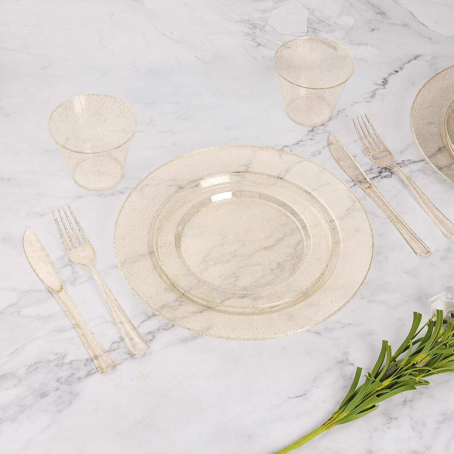 MODERN WALLS LLC 350 Pieces Gold Glitter Dinnerware Set 50 Guest For Party- 50 Dinner Plates, 50 Dessert Plates -50 Per Rolled Napkins With Gold Cutlery - 50 Disposable Cups 9 OZ
