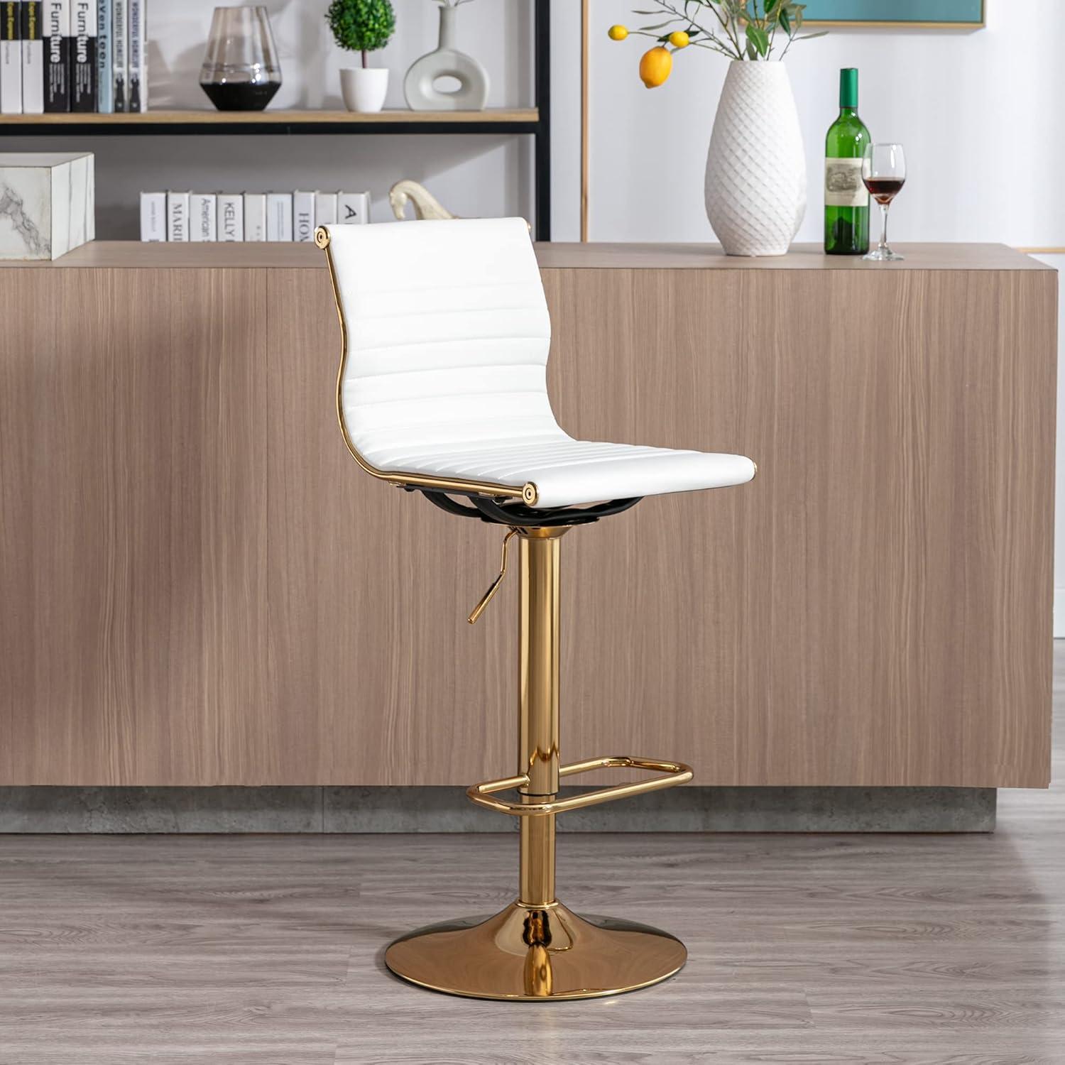 Flash Furniture Modern White Vinyl Adjustable Bar Stool with Back, Counter Height Swivel Stool with Gold Pedestal Base, Set of 2