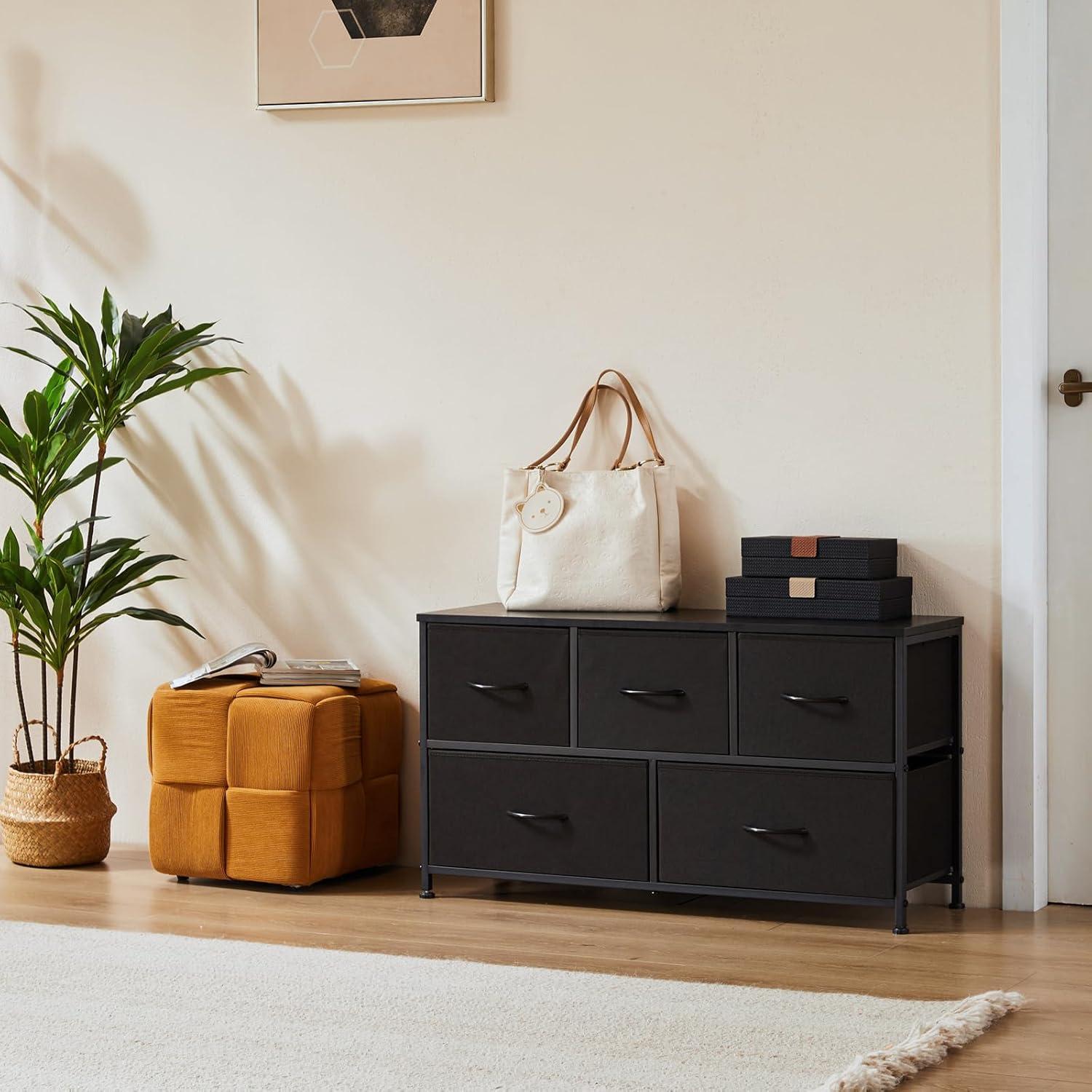 Chest of Drawers with Fabric Bins, Organizer Storage 5, Long Dresser with Wood Top for Bedroom, Closet, Entryway, Rust Brown