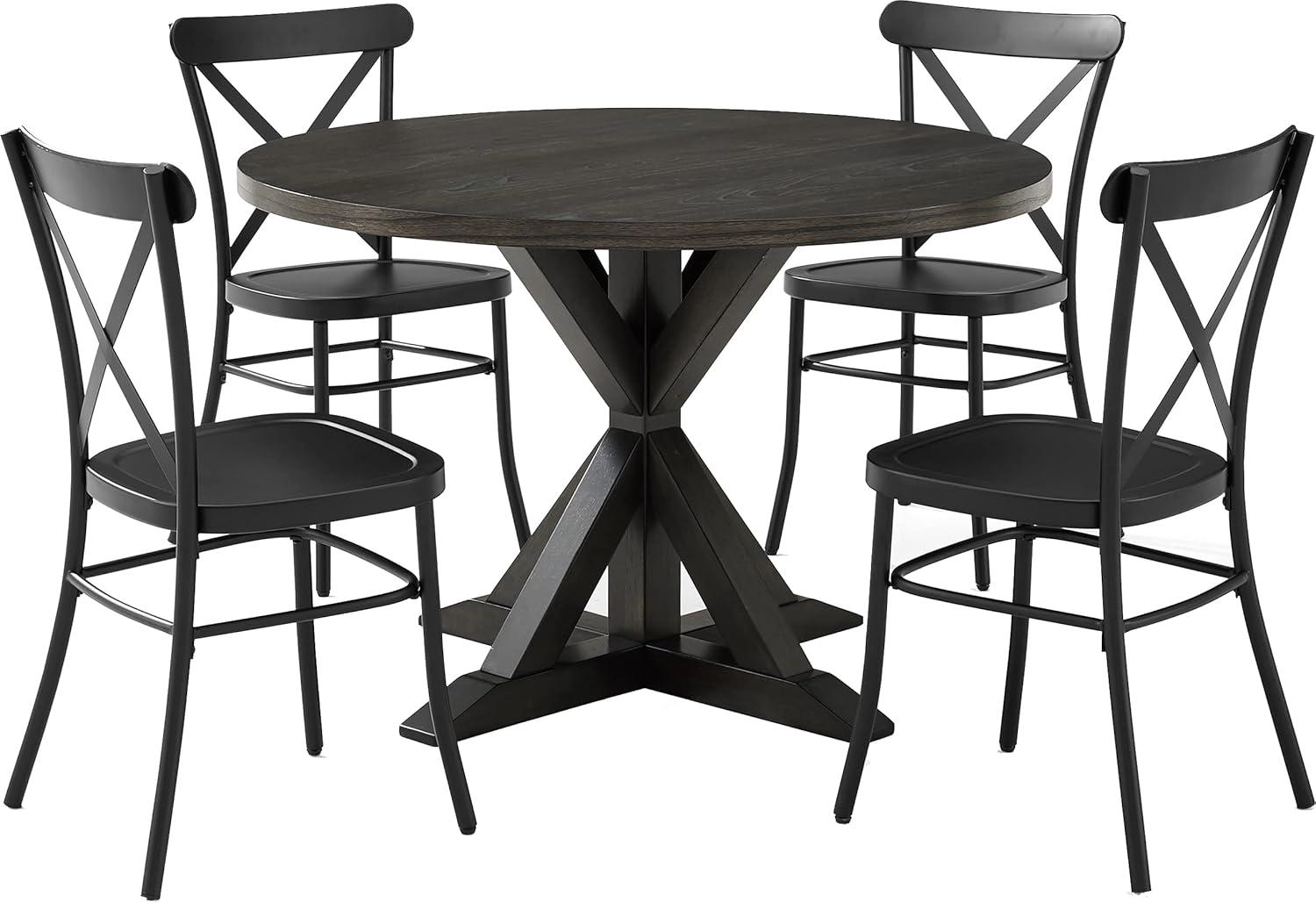 5pc Hayden Round Dining Set with Camille Chairs Matte Black/Slate - Crosley: Rubberwood Frame, Non-Extension Table, Farmhouse Style