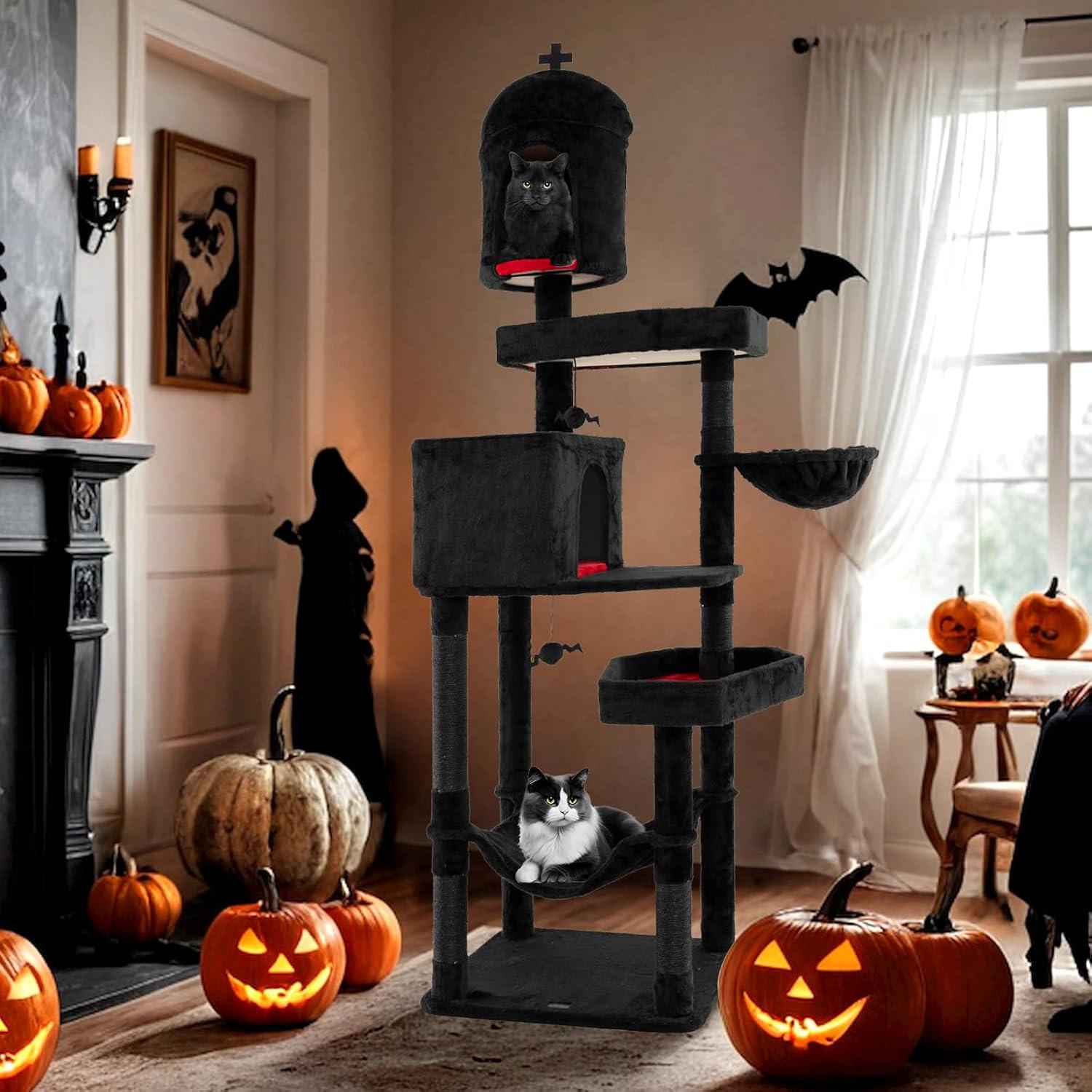 PETSITE 83 Inch Tall Gothic Cat Tree, Multi-Level Halloween Cat Tower with Coffin Beds, Scratching Posts, 2 Cat Condos, Dangling Balls, Hammock, and Basket Bed, Goth Cat Tree for Indoor Cats, Black