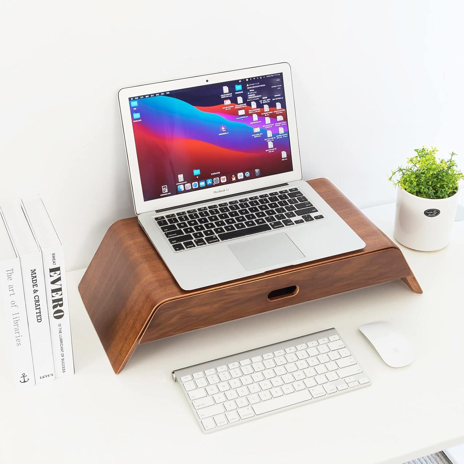 Walnut Wood Monitor Stand with Drawer and Buffer Rail