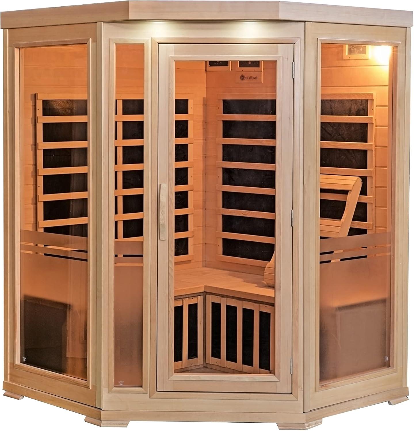 Bluewave Sonoma 3-Person Hemlock Infrared Corner Sauna with 7 Carbon Heaters