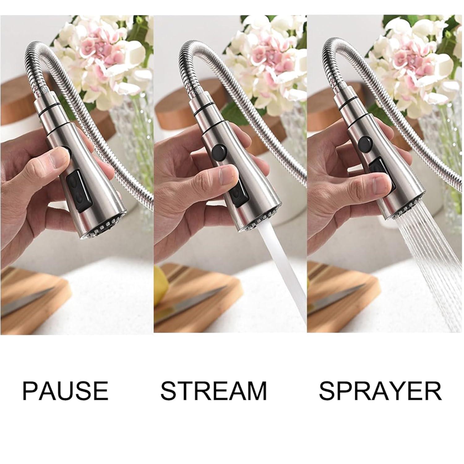 Brushed Nickel Kitchen Sink Faucet with Pull Down Sprayer Single Handle Single Hole Mixer Tap