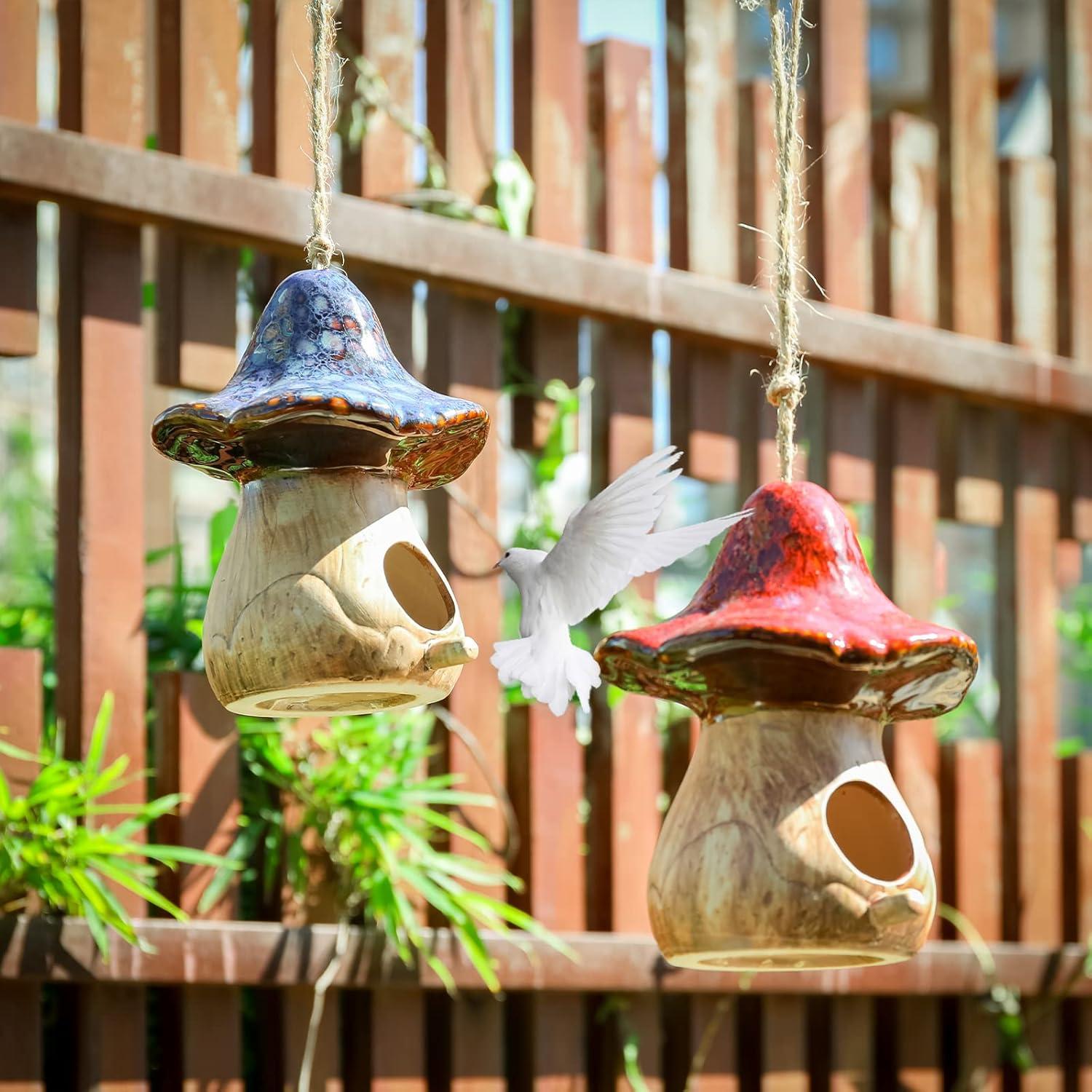 Set of 2 Red and Blue Ceramic Mushroom Birdhouses