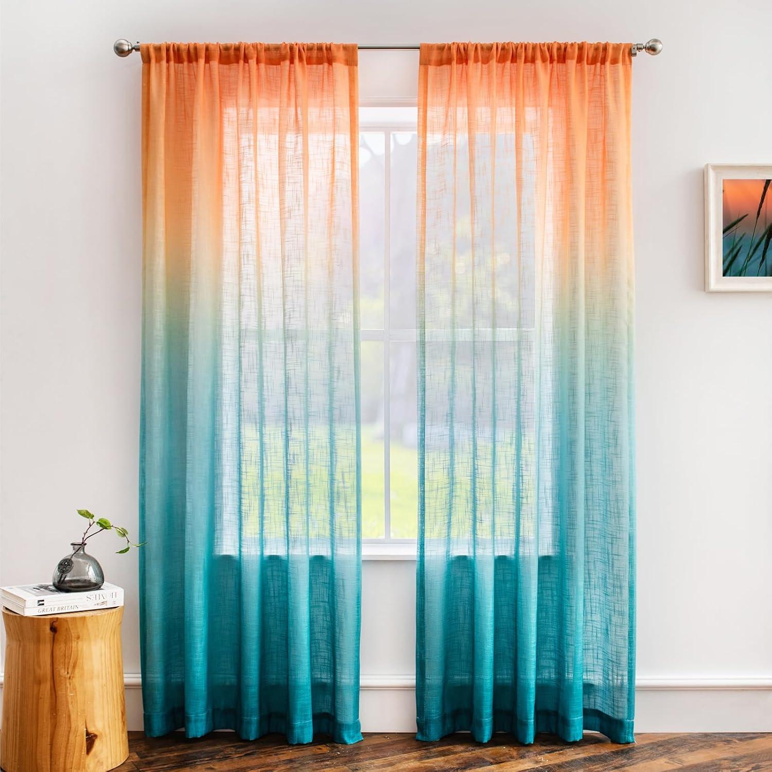 Melodieux Linen Textured Ombre Semi Sheer Curtains for Bedroom Living Room Kids Nursery Sunset Rod Pocket Gradient Drapes, Orange Green Teal Turquoise Mint, 52 x 63 Inch (2 Panels)