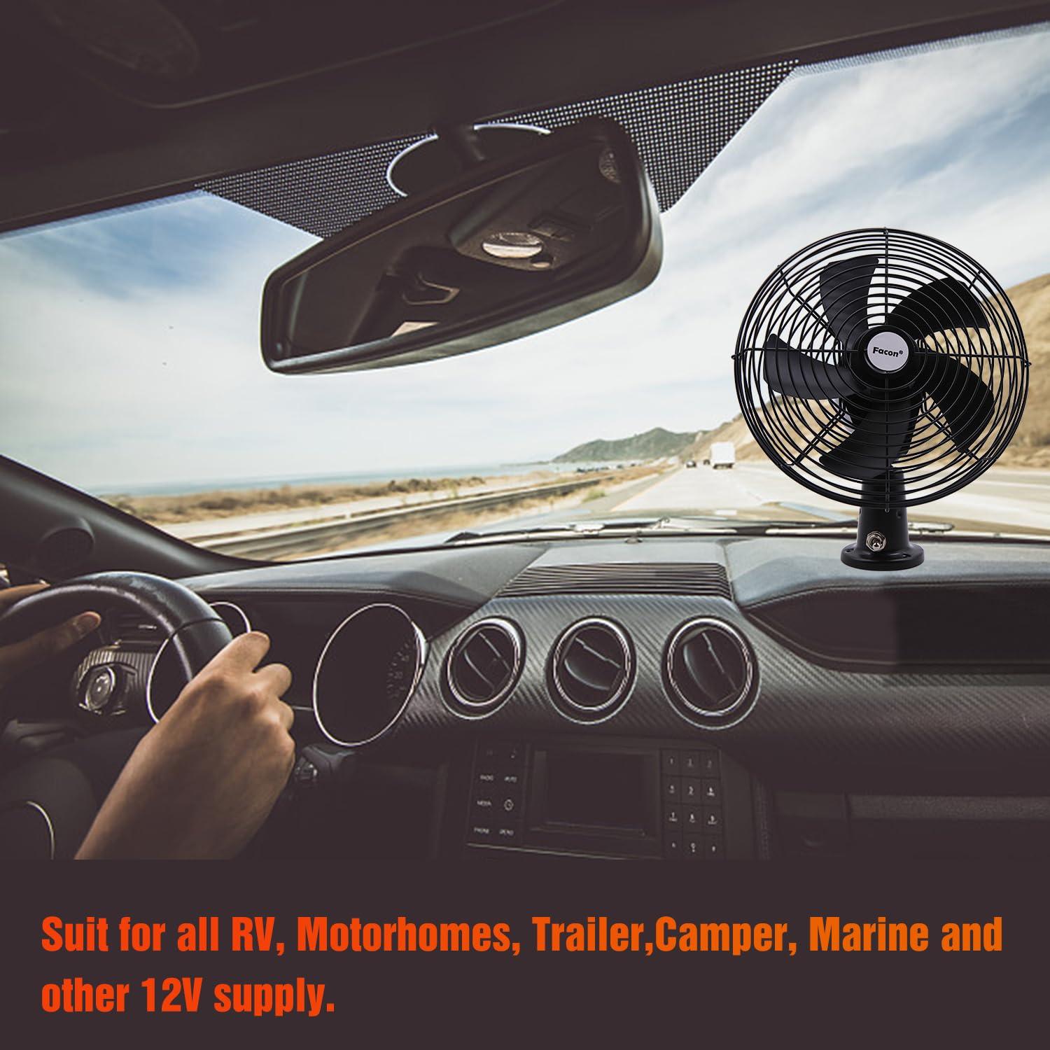 Facon 12V 8'' Car Cooling Automobile Vehicle Fan, Powerful Quiet with 2-Speed, Ventilation Electric Car Fans for RV Truck Bus Boat Van SUV Yacht