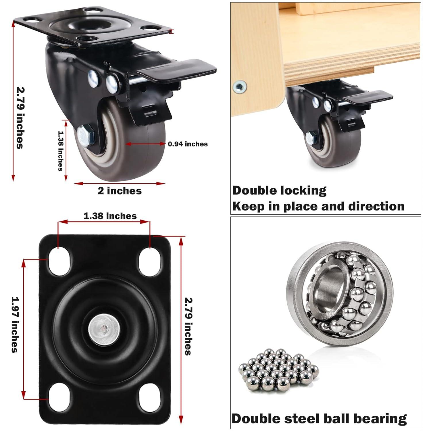 2" Casters Set of 8 Heavy-Duty Industrial Caster Wheels with Brake PU Wheels Double Locking and Double Ball Bearing Swivel Locking Casters Noiseless for Workbench, Furniture, Plate Castors Grey