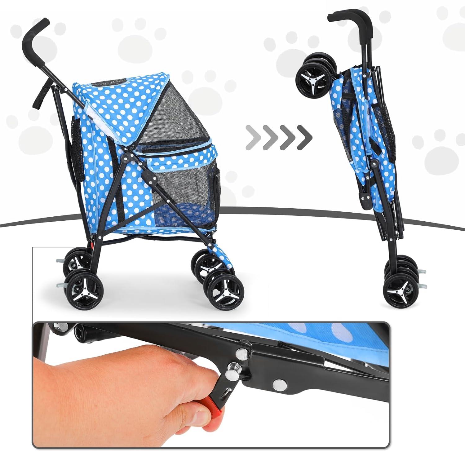 MoNiBloom 4 Wheel Foldable Lightweight Pet Trolley for Cats & Dogs, Sky Blue with White Polka Dots