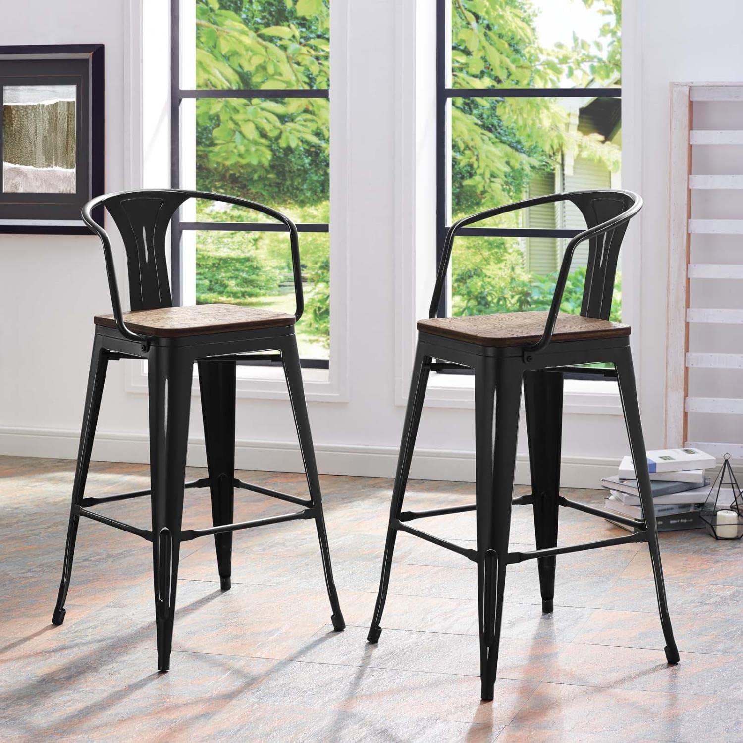 Black Metal and Wood Bistro Bar Stools, Set of 2