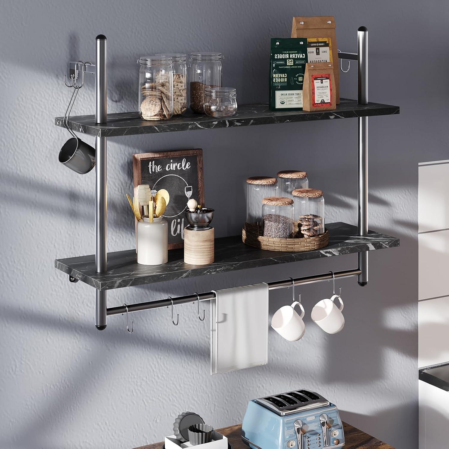 Bestier Industrial Pipe Shelf Bathroom Shelves with Towel Bar, 31 inch Floating Shelves 2 Tier for Wall Storage, Kitchen Wood Wall Mounted Shelf Display Rack for Living Room Bedroom, Black Marble