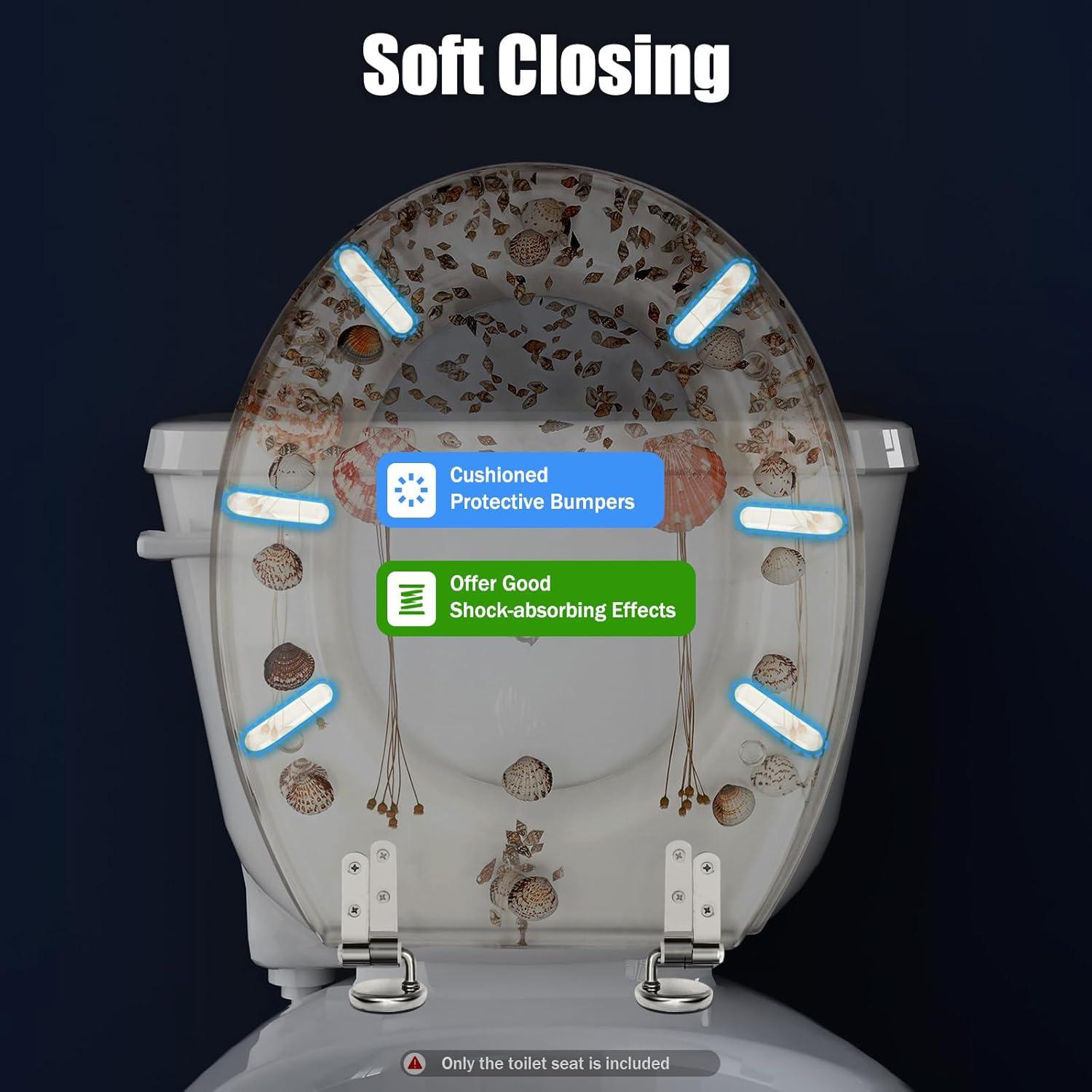 Transparent Resin Shell Polyresin Toilet Seat, Decoration Transparent Safety U/V Shape Seashell Sea Plants Decor Bathroom Toilet Seat with Hinges