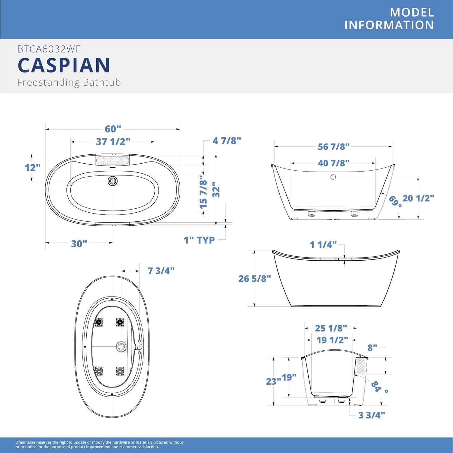 60" L x 32" W Free Standing Soaking Acrylic Bathtub