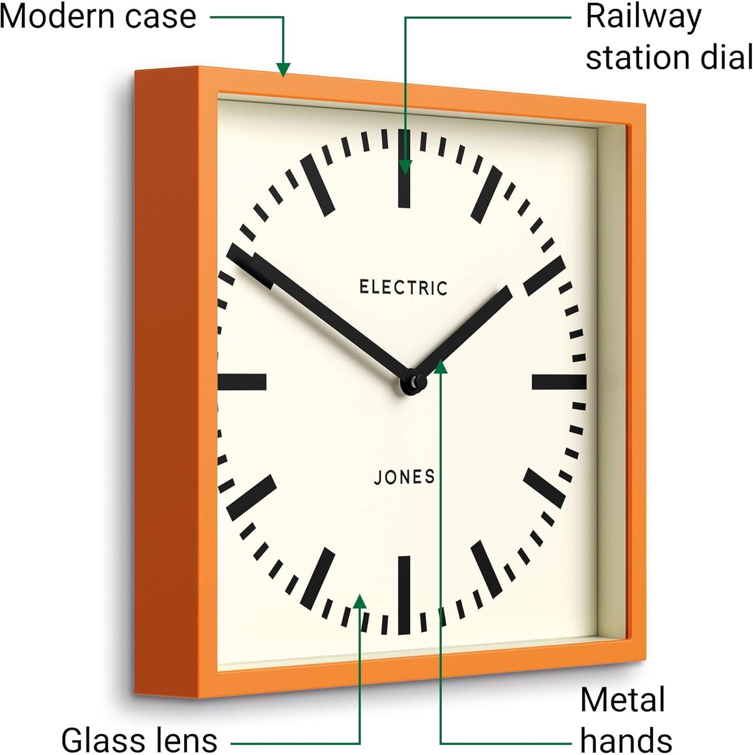 JONES CLOCKS® Box Railway Wall Clock | Square Station Clock | 10 inch | Cool Designer Look for Kitchen, Living Room or Office (Orange)