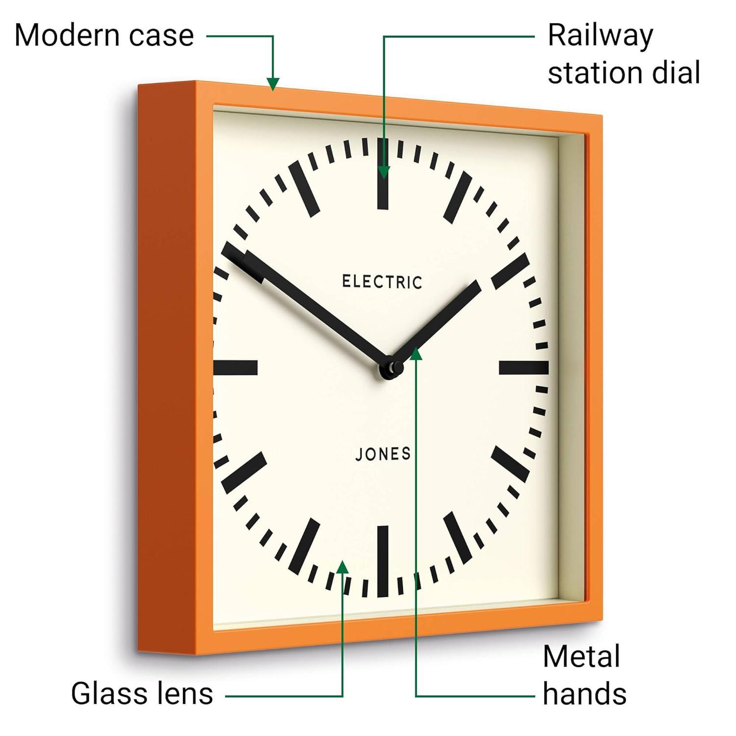 JONES CLOCKS® Box Railway Wall Clock | Square Station Clock | 10 inch | Cool Designer Look for Kitchen, Living Room or Office (Orange)