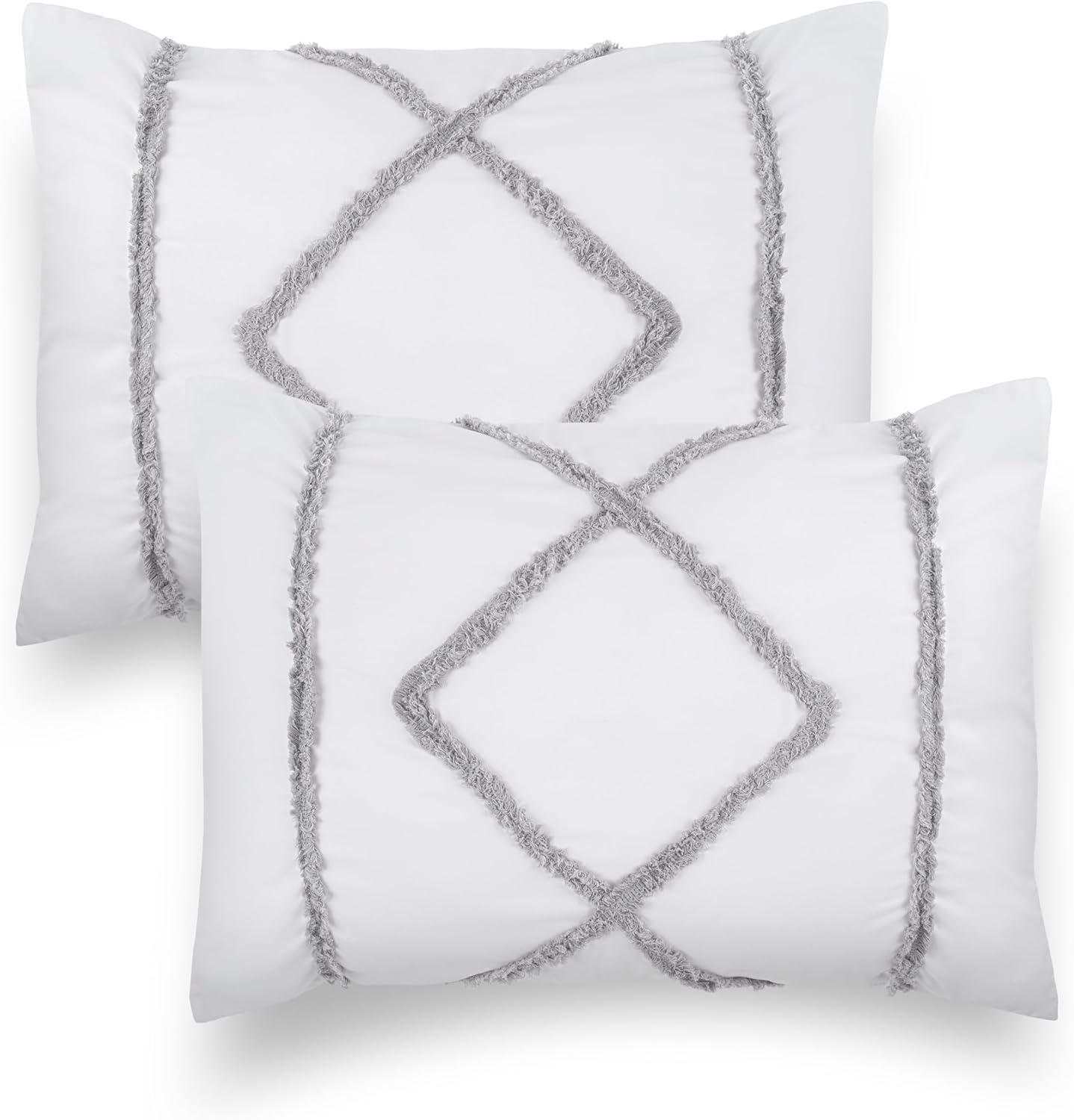 White and Grey Geometric Tufted Fringe Pillow Sham Set