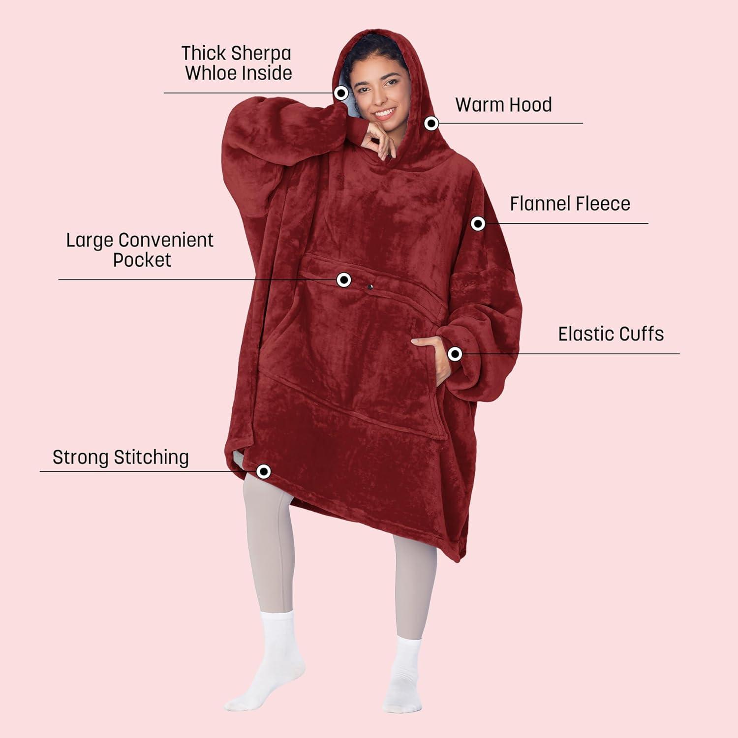 Womens Oversized Flannel Blanket Hoodie Sweatshirt, Plush Fleece Lined Lounging Pullover, Christmas Gift for Women (Dark Red) - Catalonia