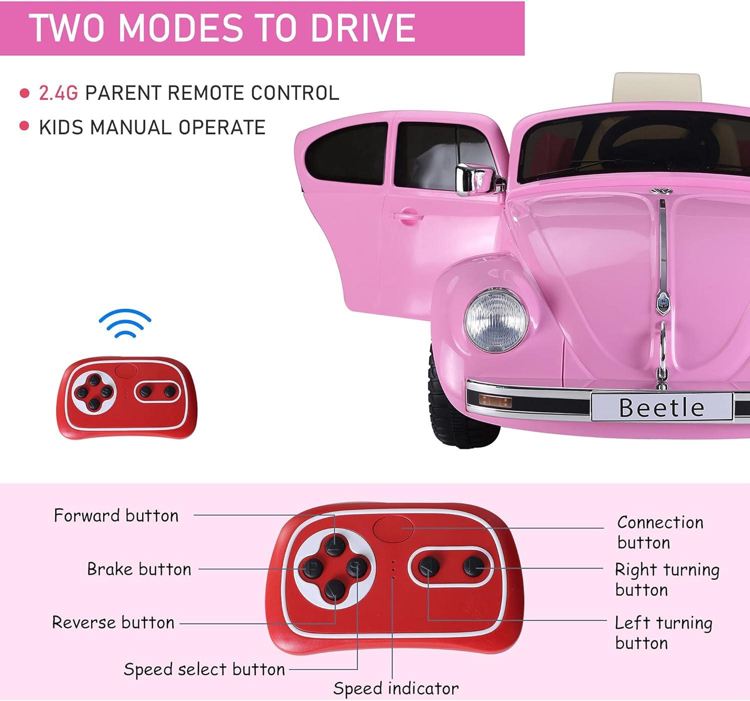 Aosom Licensed Volkswagen Beetle Electric Kids Ride-On Car 6V Battery Powered Toy with Remote Control Music Horn Lights MP3 for 3-6 Years