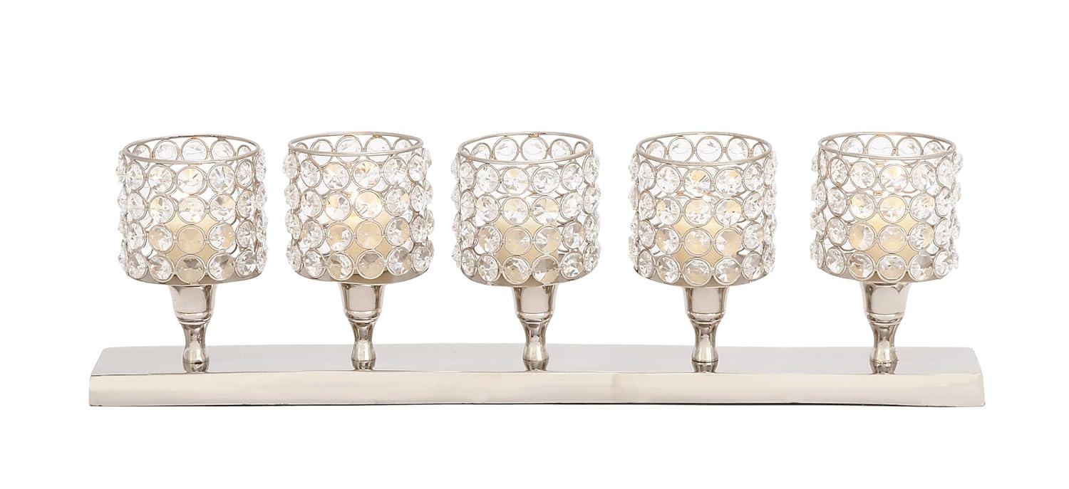 House of Hampton® Aluminum Metal Pillar 5 Crystal Sleeve Decorative Silver Candelabra