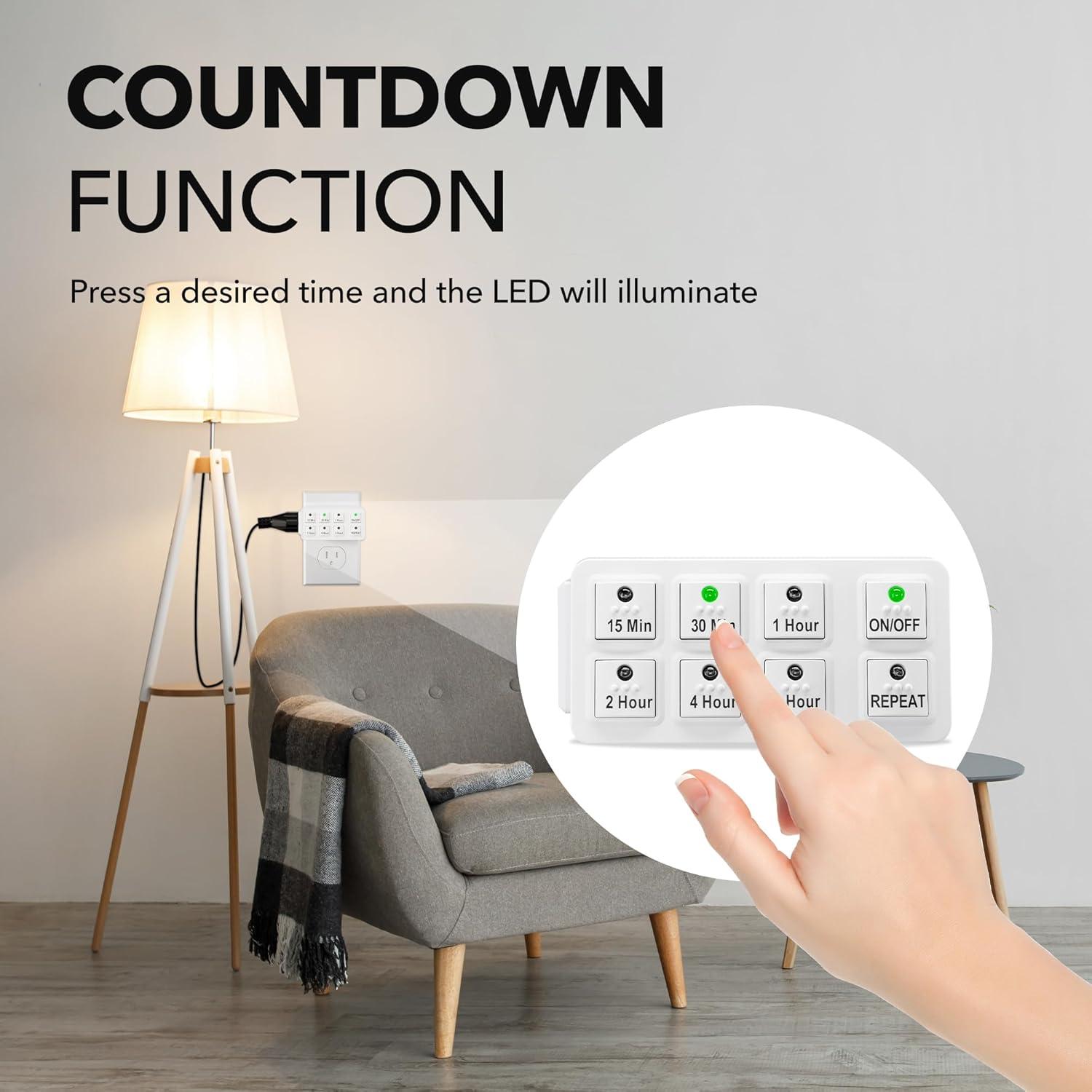 BN-LINK 2 Pack Indoor Countdown Timer with Repeat Function, Heavy Duty Accurate Compact Size for Charger Vacation Security, 3-Prong Grounded Outlet, 15A/1875W ½ HP ETL Listed