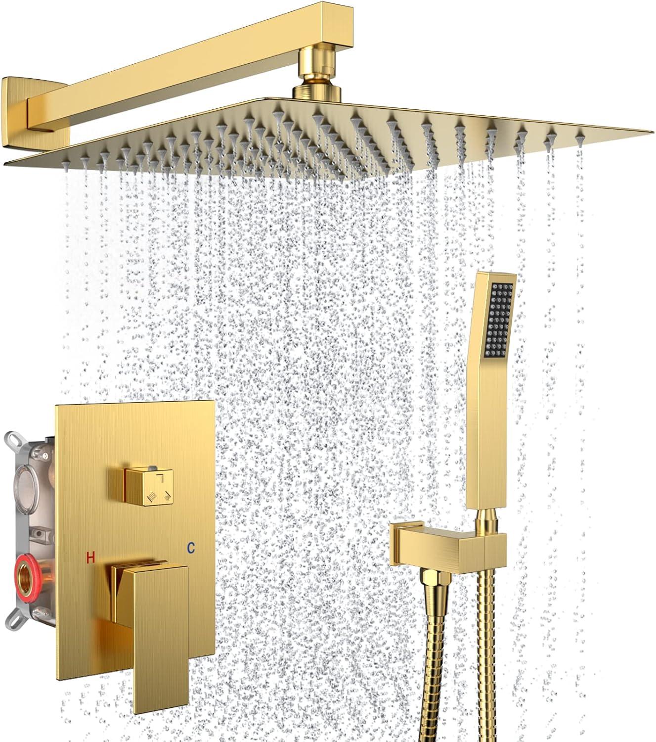 Shower system, 12" (approx. 30.5 cm) rain shower head and handheld spray bathroom shower unit with brass valve and wall trim kit Gold