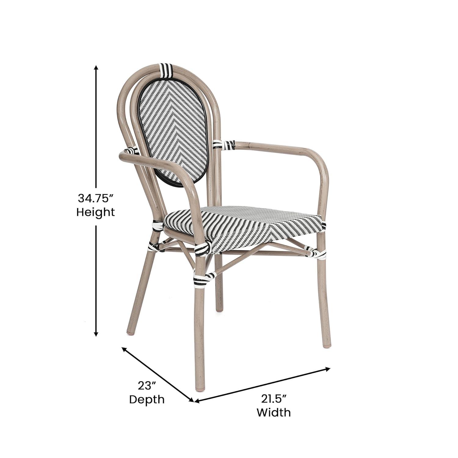 Merrick Lane Mael Set of Four Stacking Thonet Bistro Style Chair with Arms, Black & White Textilene Seat, & Bamboo Metal Frame for Indoor/Outdoor Use