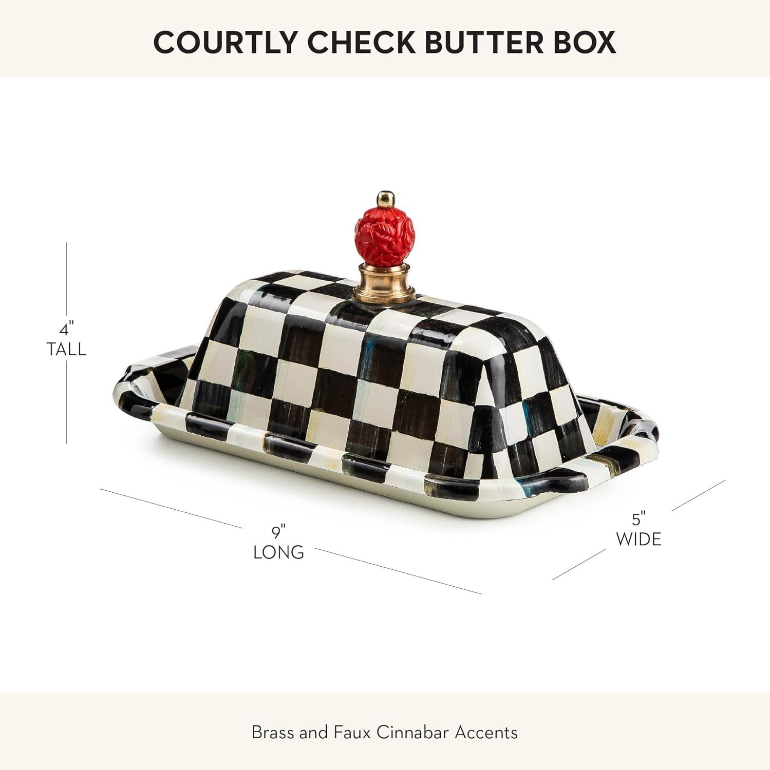 Black and White Checkered Enamel Butter Dish with Red Knob