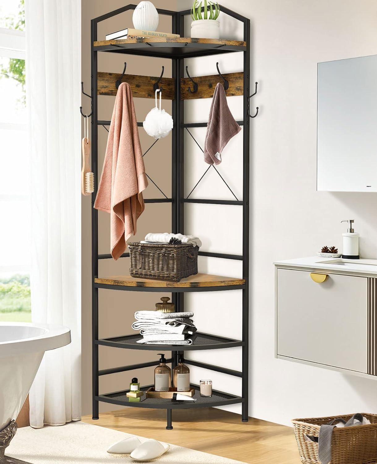 4-Tier Corner Coat Rack with Shoe Storage, Entryway Hall Tree with Bench and Hooks, Wooden Corner Clothes Rack Shoe Shelf Organizer for Home