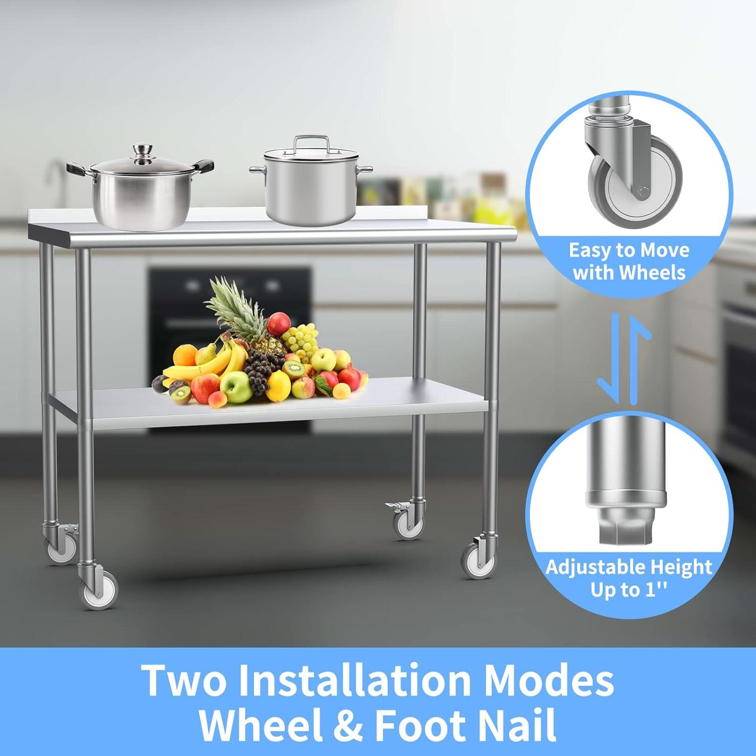 ROVSUN 36'' x 24'' Stainless Steel Table with Backsplash, Pre Work Table Metal Table for Kitchen Restaurant Home