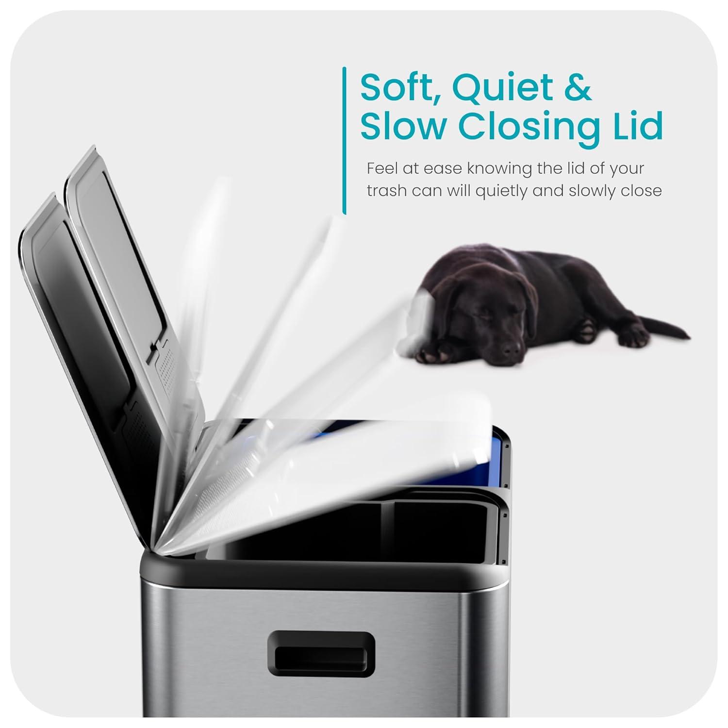 Home Zone Living Home Zone Living 16 Gallon Stainless Steel Kitchen Trash Can and Recycling Dual Compartments with Step Pedals and Soft-Close Lids