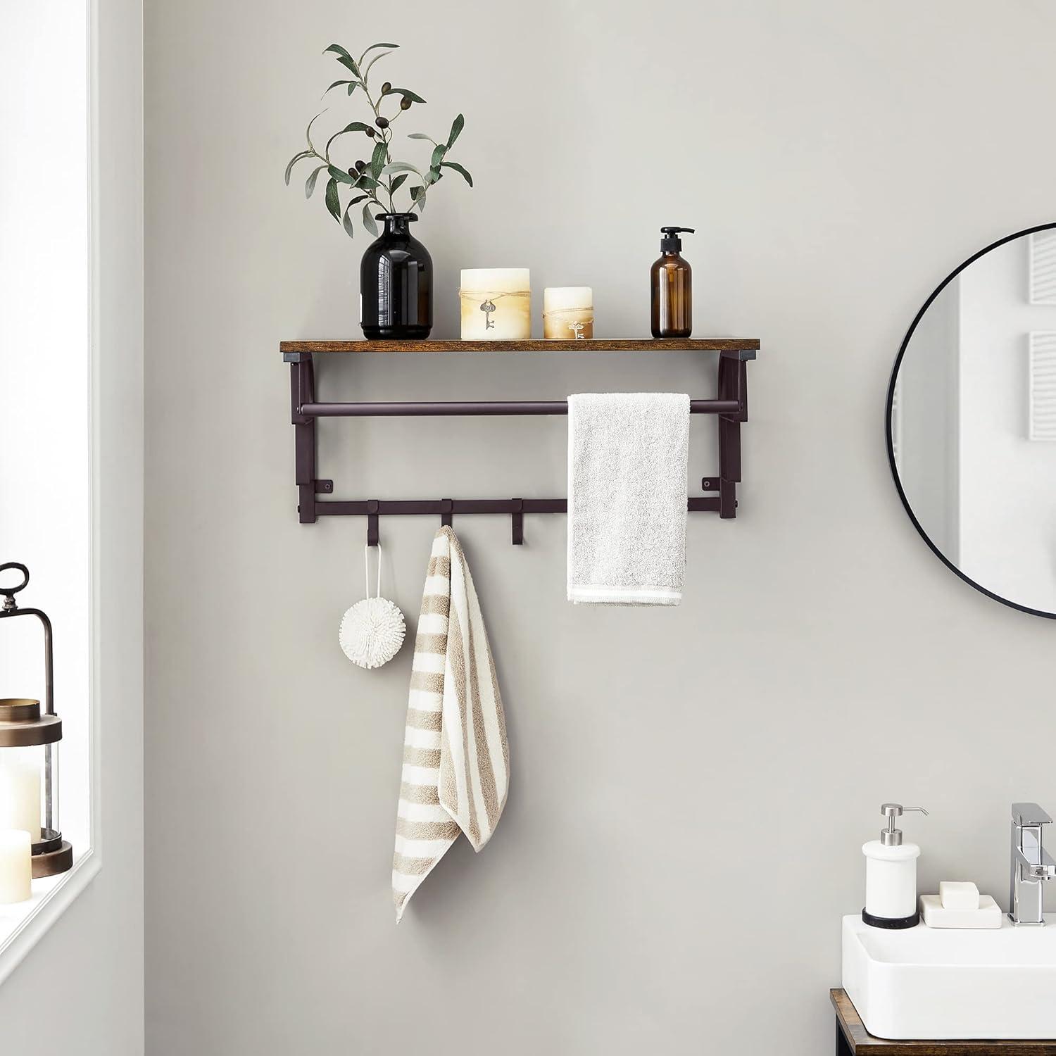 VASAGLE Wall-Mounted Coat Rack, Wall Hook Rack with Hanging Rod, Storage Shelf, Laundry Room Shelf with Hooks, for Entryway, Bathroom, Rustic Brown and Black ULCR12BX