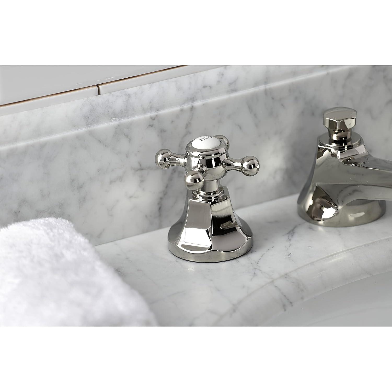 Kingston Brass Metropolitan Two-Handle 3-Hole Deck Mount Widespread Bathroom Faucet with Brass Pop-Up Drain