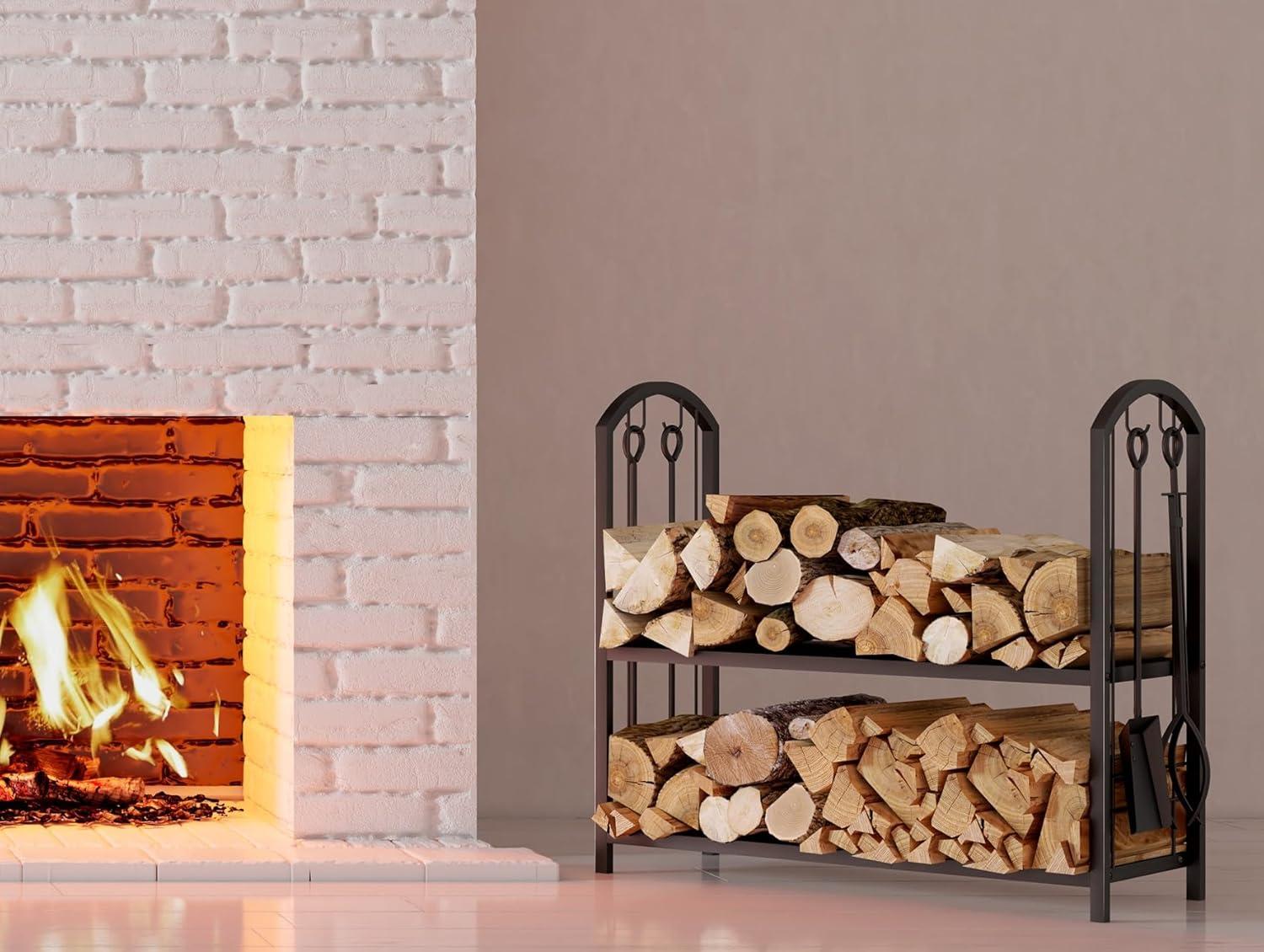 Black Metal Firewood Rack with Tools and Wood Shelf