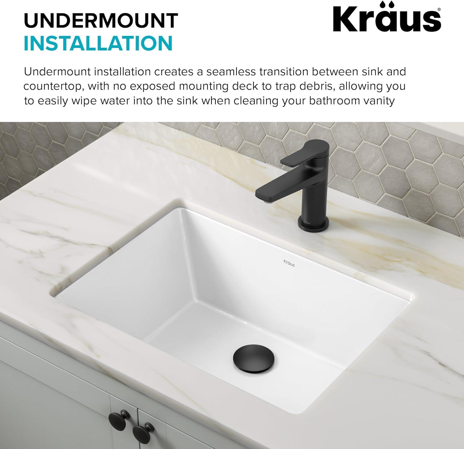 KRAUS Elavo. Rectangular Porcelain Ceramic Undermount Bathroom Sink In White With Overflow Drain, KCU-244