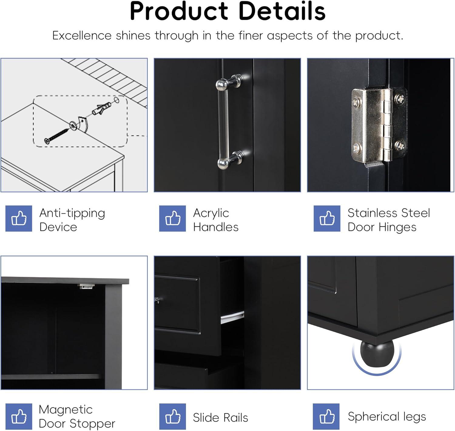 Black Tall Bathroom Storage Cabinet with Drawers and Dividers